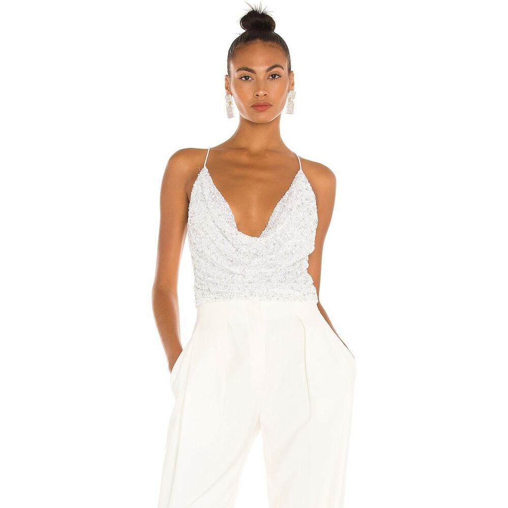 Retrofete Michal Beaded Sequin Crop Top Drape Neck Evening Party Bridal Size L